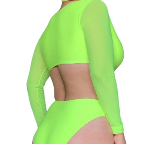 Neon Green Long Sleeve Cutout Swimsuit Small - Picture 4 of 8